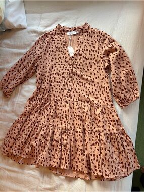 Petal & Pup Pink and Brown Tiered Button-Front Smock Dress. New with tags